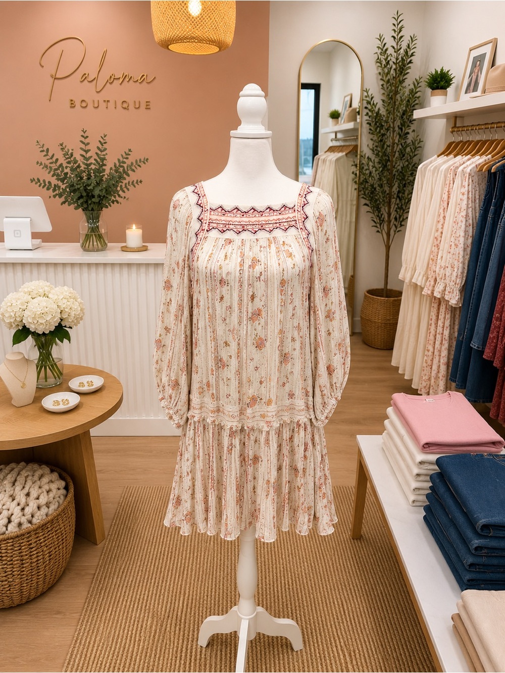 Free People Metallic Thread Embroidered Babydoll Dress Medium Boho